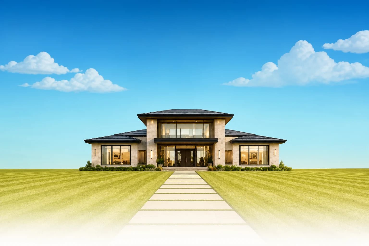 A freshly mown lawn leading up to a modern home